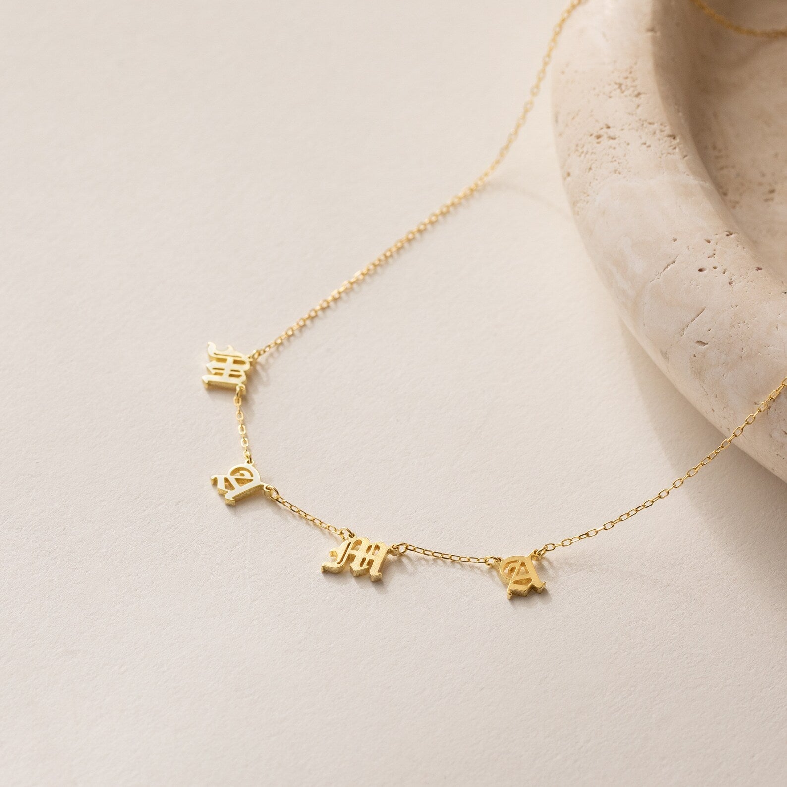 Old English Letter Name Necklace 18K Gold